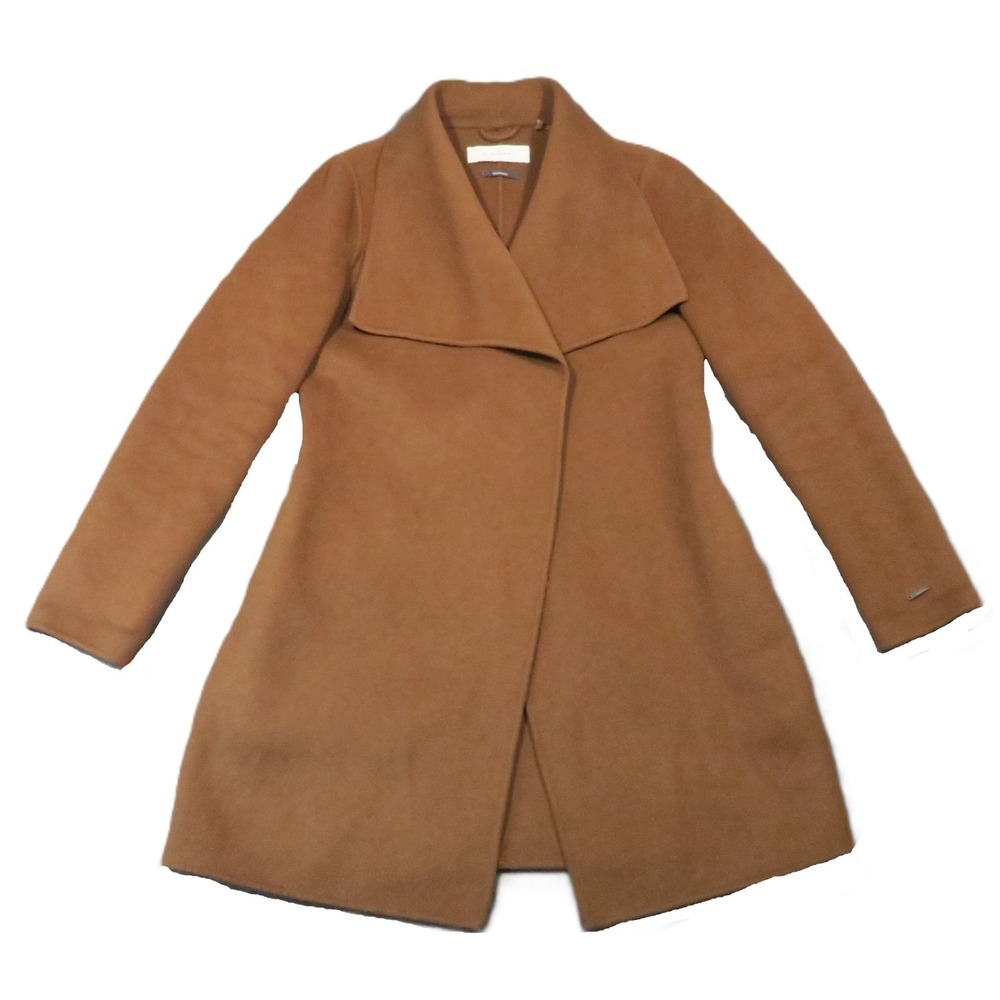 T Tahari Handmade Wool Blend Wrap Coat S Tan Shawl Collar Jacket‎ Luxury Capsule